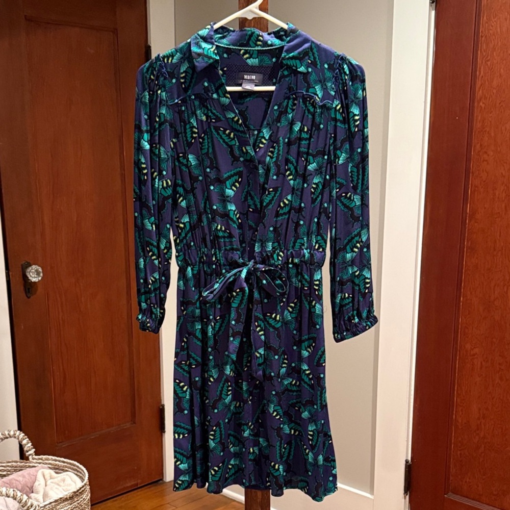 Maeve by Anthropologie Butterfly Shirt Dress Indigo & Teal Tie-Waist Size XSP